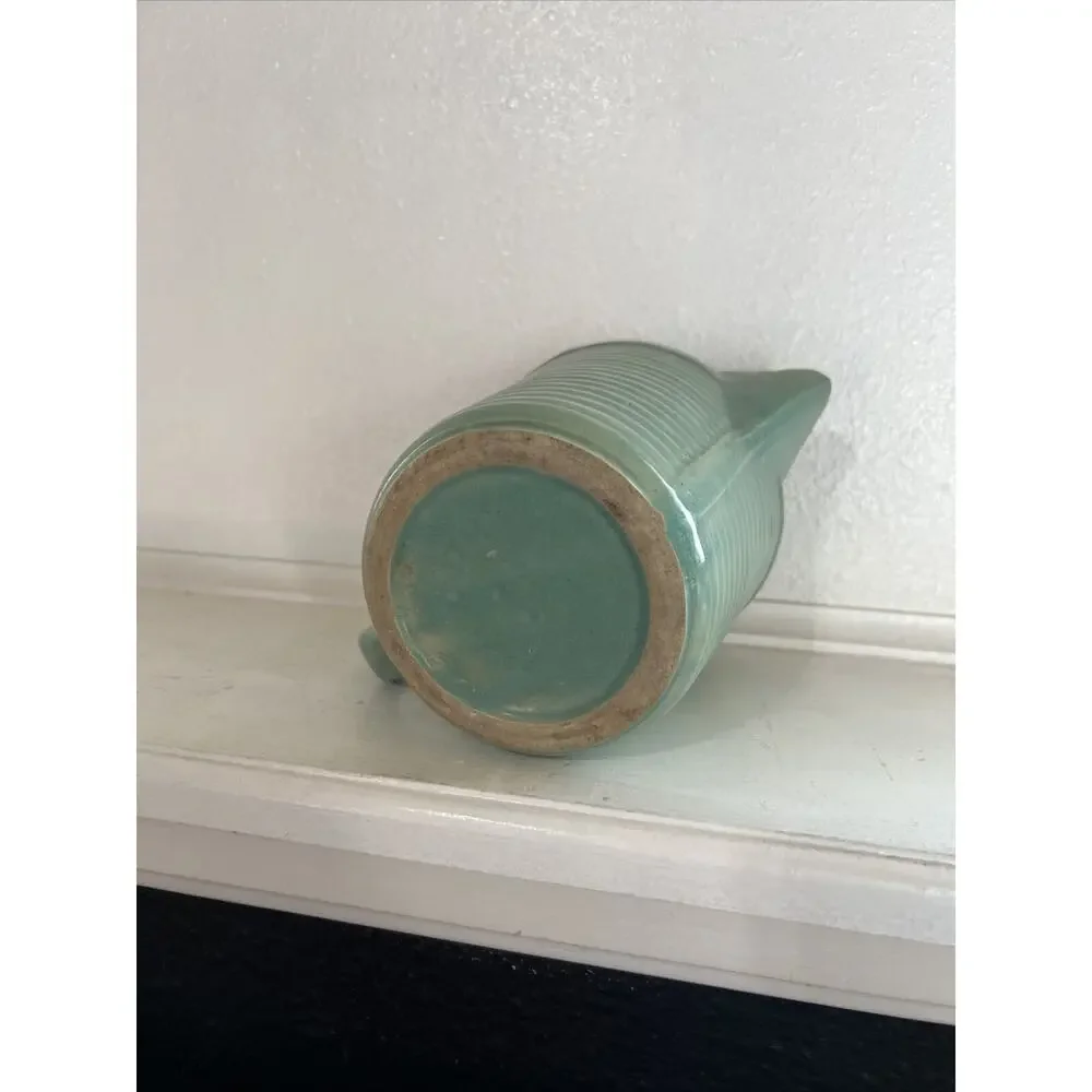 Handmade Pottery Teal Glazed Ribbed Pitcher